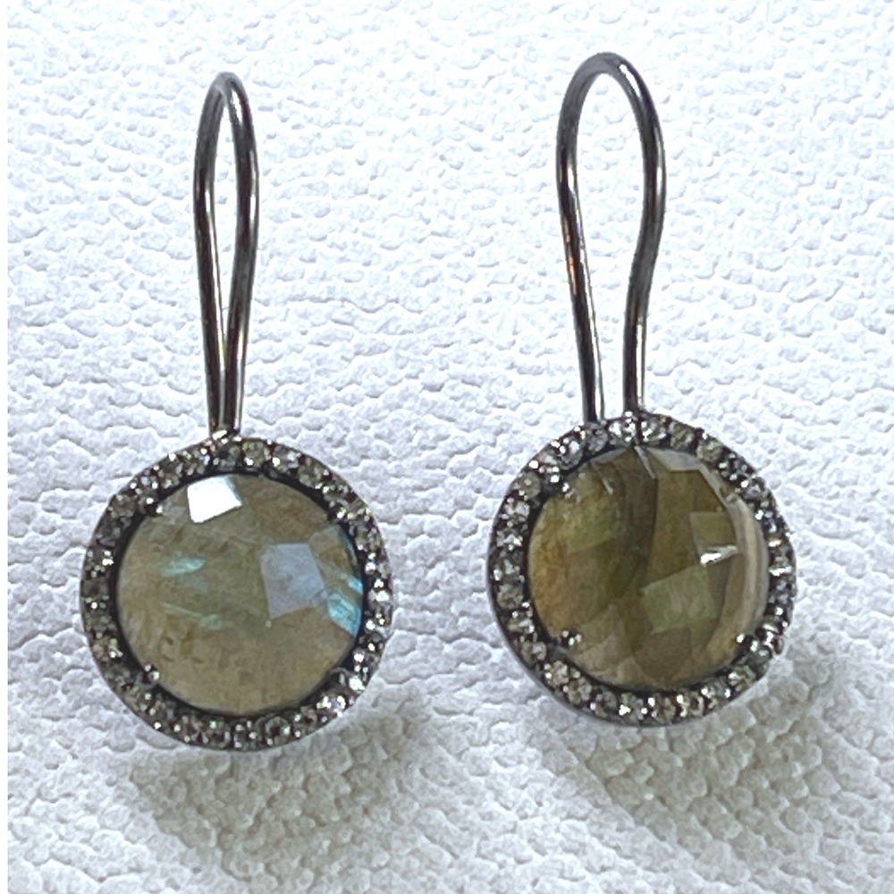 Sterling Silver Labradorite Diamond Accent Halo Drop Earrings 5g